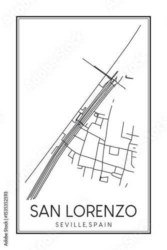 Hand drawn printable downtown road map poster of district SAN LORENZO of the Spanish city of SEVILLE on solid white background with city name