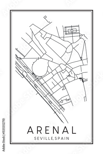Hand drawn printable downtown road map poster of district ARENAL of the Spanish city of SEVILLE on solid white background with city name
