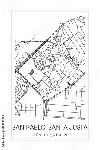 Hand drawn printable downtown road map poster of district SAN PABLO-SANTA JUSTA of the Spanish city of SEVILLE on solid white background with city name
