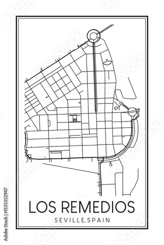 Hand drawn printable downtown road map poster of district LOS REMEDIOS of the Spanish city of SEVILLE on solid white background with city name