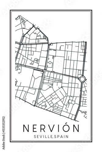 Hand drawn printable downtown road map poster of district NERVIÓN of the Spanish city of SEVILLE on solid white background with city name