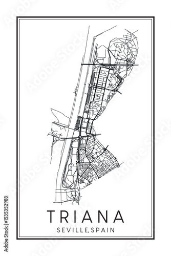 Hand drawn printable downtown road map poster of district TRIANA of the Spanish city of SEVILLE on solid white background with city name