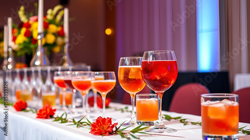 View of alcohol setting on catering banquet table, row line of orange red colored aperitif alcohol cocktails on a party, negroni, spritz and others on decorated catering bouquet table event