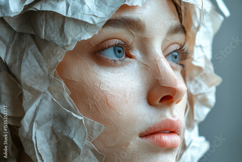 Woman with crumpled paper over face.