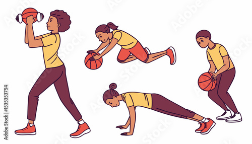 Set of funny people performing sports activities, fitness workout or playing games. Bundle of training or exercising men and women isolated on white background. Flat cartoon vector illustration       
