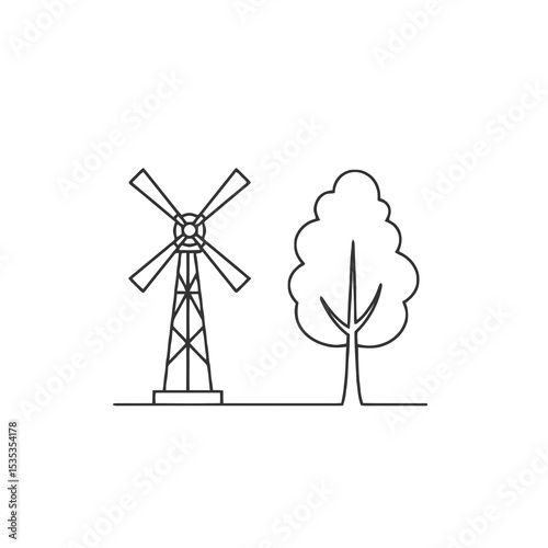 Outline of windmill next to a tree in minimalist style  