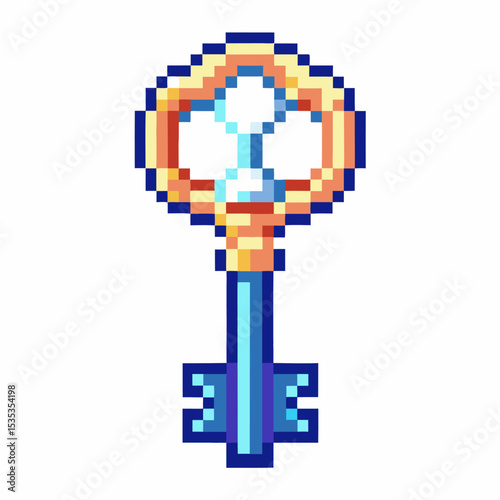 Retro pixel art golden key with ornate head vintage blue shaft, isolated object for game, treasure, access, unlock icon