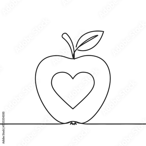 Line art of apple with heart shape cutout on white background  