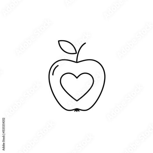 Outline of apple with heart shape cutout and leaf on top  
