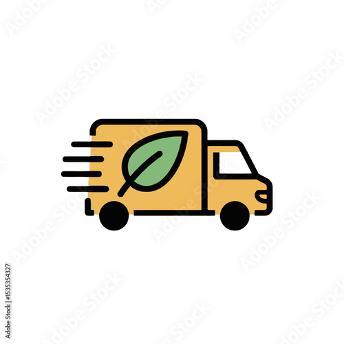Eco-friendly delivery truck with green leaf design in motion  