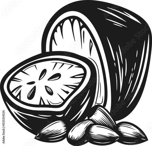 Coconut fruit illustration with shell, pulp, and seeds monochrome line art design for tropical, natural food and nutrition concepts