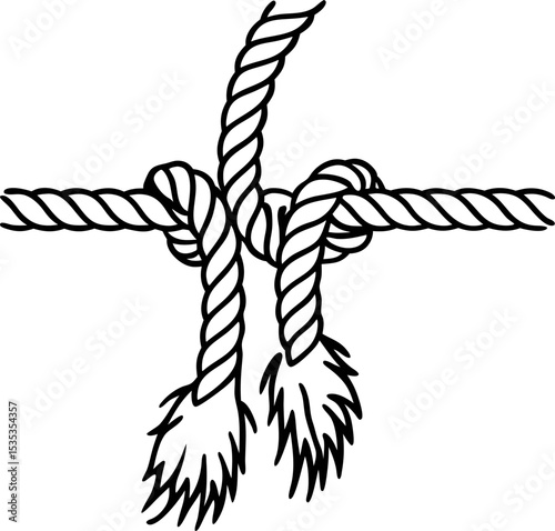 Broken rope with frayed ends in a loose knot concept of failure, weakness, challenge, struggling to hold together