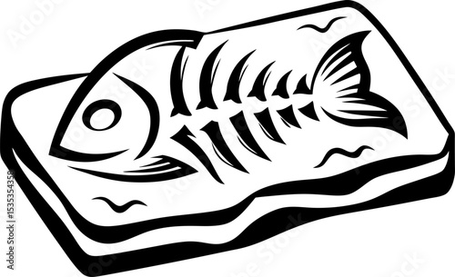 Fish skeleton illustration on rectangular cutting board, black and white outline, culinary ingredient, minimal graphic