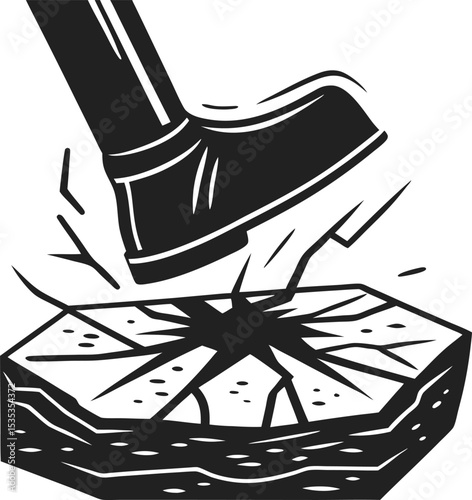 Axe striking ground, splitting stone with powerful impact breaking force, destruction symbol, concept of strength and power