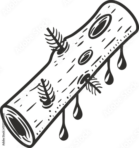 Tree log with sap drops and embedded insect fossils, hand drawn illustration displaying natural resin production
