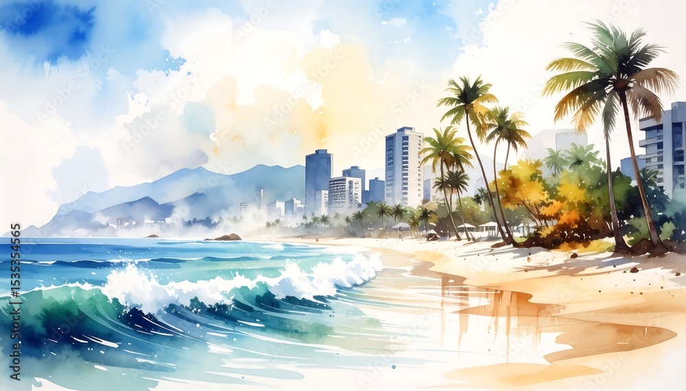 Obraz premium Watercolor beach scene with city