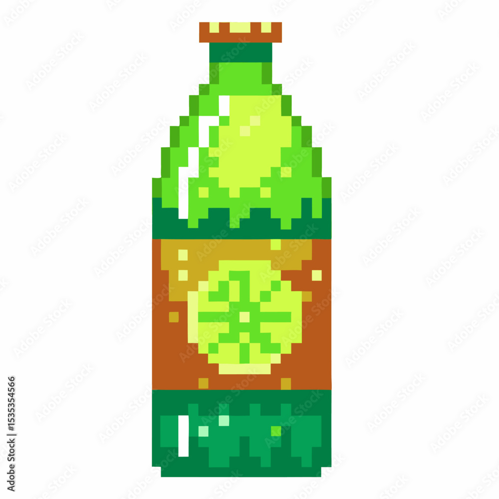 Pixel art green soda bottle with lemon design retro drink icon, citrus beverage in vintage pixel illustration