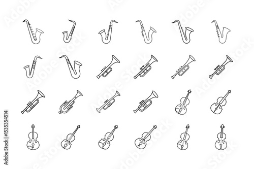 Musical Instruments Outline Saxophones Trumpets and Violins in Black and White