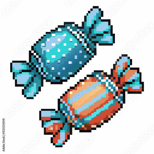 Pixel art candy duo retro wrapped sweets, blue and orange confectionery nostalgic digital artwork, playful treat illustration