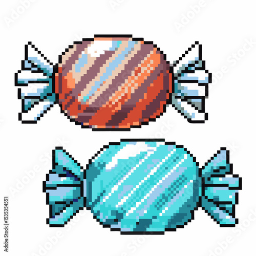 Pixel art wrapped candies set colorful sweet treats, striped round confectionery, retro digital design, playful dessert illustration