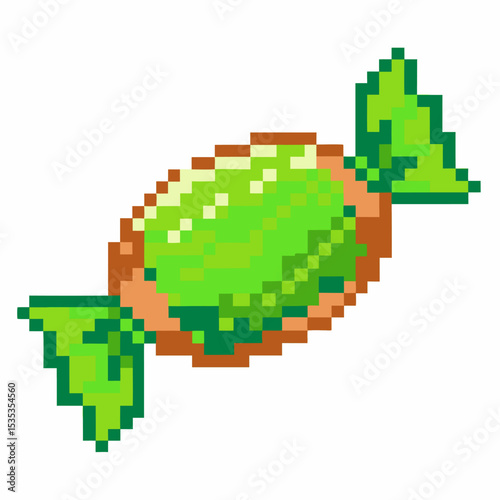 Green pixel art candy with shiny wrapper retro digital sweet treat, nostalgic pixelated confection pixel aesthetic