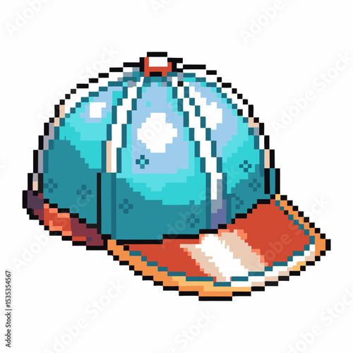 Pixel art baseball cap retro blue and orange hat with visor, 8 bit illustration for vintage gaming aesthetics