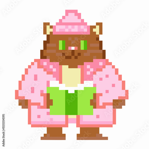 Pixel art bear in pink pajamas and hat reading a green book, cozy bedtime night, cute relaxing illustration