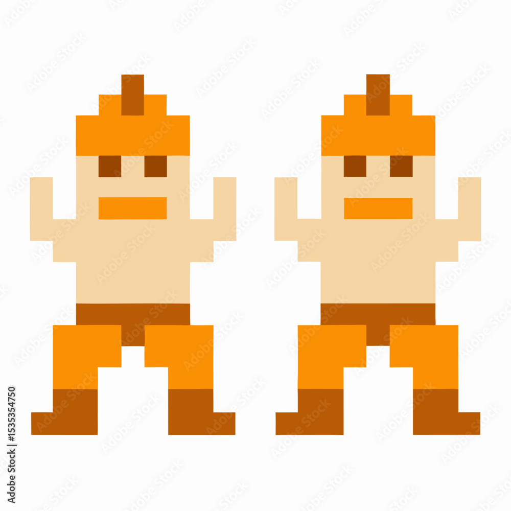 Retro pixel art wrestlers two orange masked fighters with raised arms, 8 bit gaming character duo isolated on white