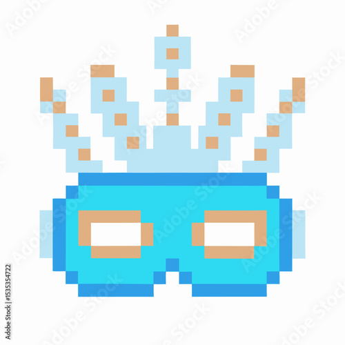 Pixel art blue masquerade mask with crown, festive party accessory, playful winter celebration or carnival costume design