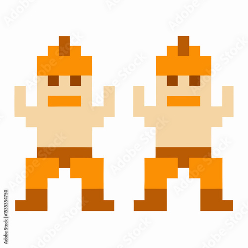 Retro pixel art wrestlers two orange masked fighters with raised arms, 8 bit gaming character duo isolated on white