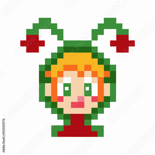 Pixel art elf with red and green festive hat cute holiday character, retro video game style, christmas portrait
