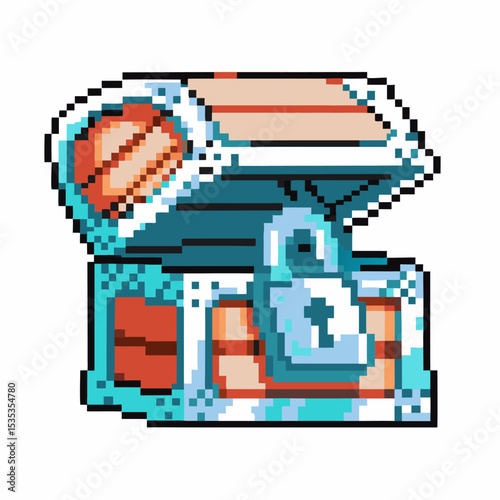 Pixel art treasure chest with lock retro game design, blue and brown closed box for coins and valuables, white background
