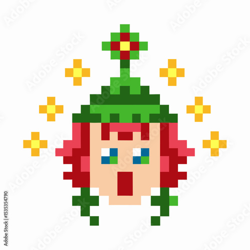 Pixel art elf character face with green hat, red hair, surprised expression, digital retro gaming fantasy icon