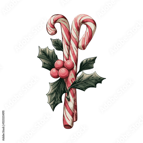 Two red and white striped candy canes with holly leaves and berries in detailed hand-drawn style on white background, symbolizing Christmas festivity