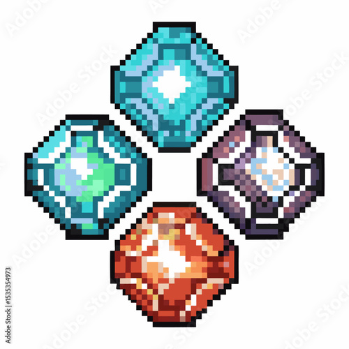 Pixel art colorful gemstones collection shiny blue, green, white, red crystals bright isolated icons for games or digital design