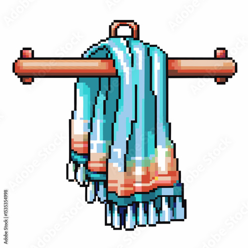 Blue towel with colored fringe hanging on wooden rack clean textile, bath decor, soft absorbent fabric, bathroom accessory