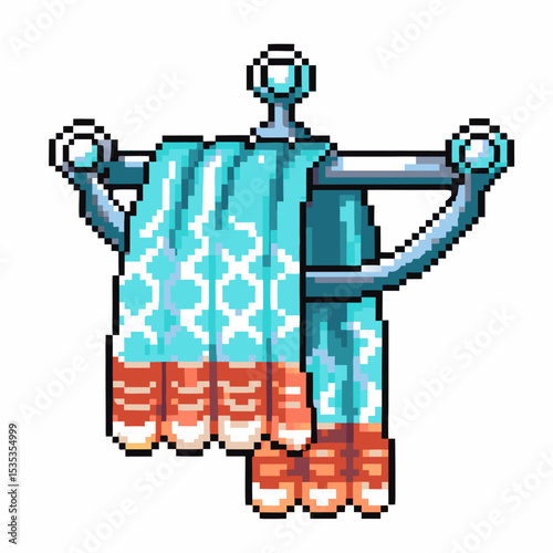 Pixel art bathroom towel hanging on metal rack with geometric pattern, retro digital blue textile decor illustration