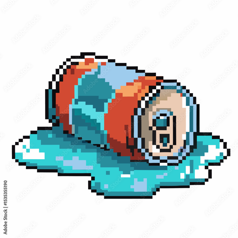 Pixel art illustration of a spilled soda can with blue liquid puddle retro gaming style, environmental waste, beverage leakage Pixel art illustration of a spilled soda can with blue liquid puddle retro gaming style, environmental waste, beverage leakage
