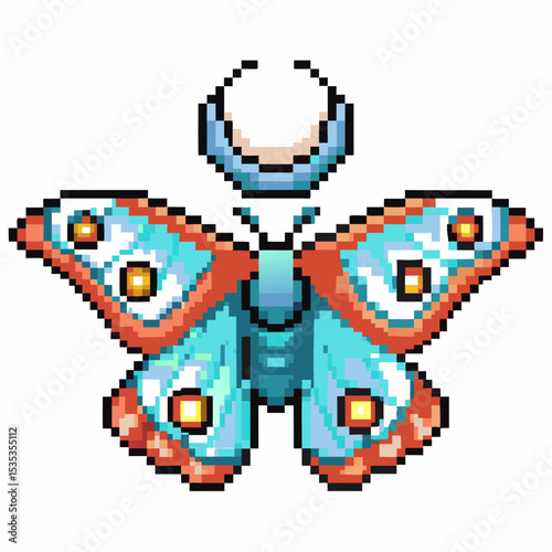 Pixel art butterfly with vibrant blue and red wings, geometric moon symbol, retro digital style, fantasy insect illustration