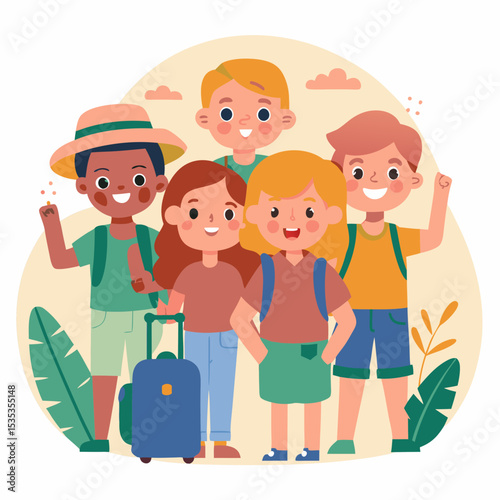 Group of five excited friends posing for a photo with luggage, ready for an adventure in a vibrant outdoor setting
