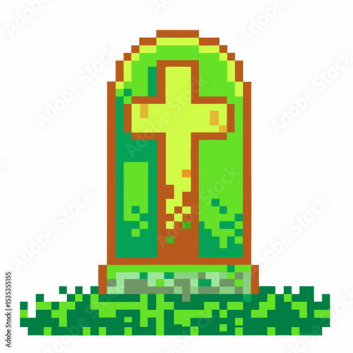 Pixel art gravestone with green cross retro cemetery tombstone icon, digital memorial symbol, pixelated grave marker