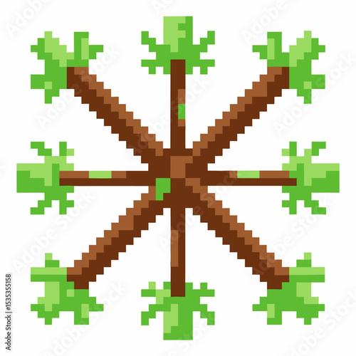 Pixel art tropical tree branches forming geometric snowflake pattern, green leaves symmetry, retro gaming
