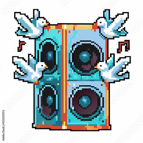 Pixel art speaker with white doves and music notes retro audio system illustration symbolizing peace and harmony