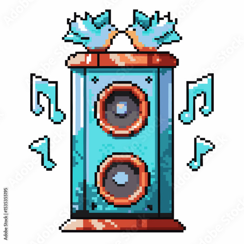 Pixel art blue speaker with musical notes and birds, retro digital sound system, whimsical audio illustration