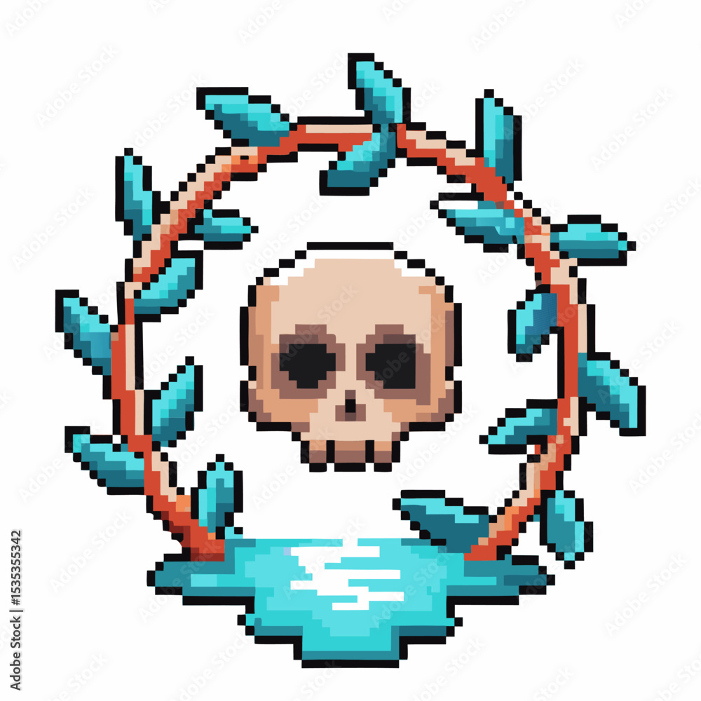 Obraz premium Pixel art skull with laurel wreath and water reflection retro digital design, spooky fantasy, minimal videogame icon