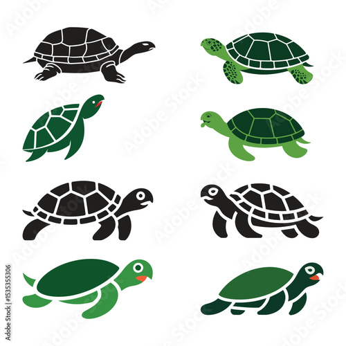 Minimalist Green black  Turtle and Tortoise Icon Set – Walking and Swimming Pose Vector