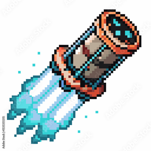 Pixel rocket launching upward with vibrant blue flames, retro digital style, dynamic movement, creative technology concept