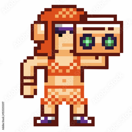 Retro pixel art explorer woman holding futuristic binoculars, adventurous character in orange outfit, 8 bit game