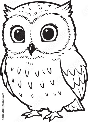 A black and white cartoon sketch of an owl blinking wide eyes cartoon, sketch, black and white, black outline