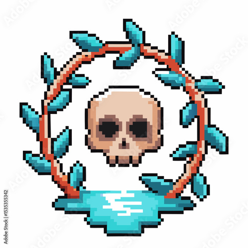 Pixel art skull with laurel wreath and water reflection retro digital design, spooky fantasy, minimal videogame icon